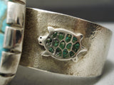 Native American Opulent Side Turtle Huge Turquoise Sterling Silver Bracelet Old-Nativo Arts