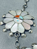 Beautiful Vintage Native American Zuni Inlay Mother Of Pearl 3 Sunfaces Sterling Silver Necklace-Nativo Arts