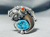 Huge Native American Navajo Turquoise Coral Bear Sterling Silver Ring-Nativo Arts