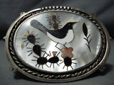 Native American Biggest Crazy Heavy Vintage Navajo Sterling Silver Bird Inlay Bracelet Old-Nativo Arts
