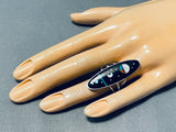 Magical Native American Navajo Jet Inlay Sterling Silver Ring Signed-Nativo Arts