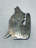 Howling Coyote Vintage Native American Navajo Sterling Silver Dark Patina Pin-Nativo Arts