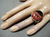 Detailed Ladybug Bulbous Native American Navajo Coral Turquoise Sterling Silver Ring-Nativo Arts