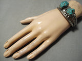 2 Chunky Turquoise Vintage Native American Navajo Sterling Silver Leaf Bracelet Old-Nativo Arts