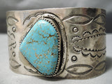 Wide Vintage Native American Navajo Hand Tooled #8 Turquoise Sterling Silver Bracelet-Nativo Arts