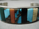 Rare Bisbee Turquoise Vintage Native American Navajo Sterling Silver Inlay Bracelet Old-Nativo Arts