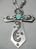 Huge Vintage Native American Navajo Christian Cross Turquoise Sterling Silver Necklace Old-Nativo Arts