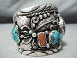 Tremendous Navajo Native American 8 Turquoise Coral Sterling Silver Bracelet-Nativo Arts