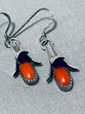 Amazing Native American Navajo Coral Sterling Silver Squash Blossom Earrings-Nativo Arts