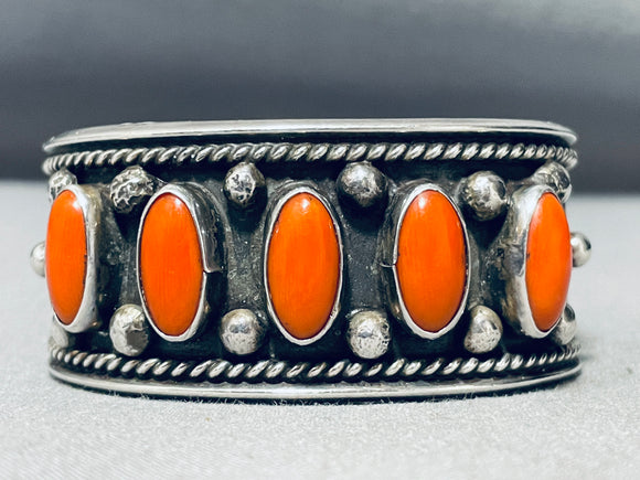 One Of The Best Ever Vintage Native American Navajo Coral Sterling Silver Bracelet Old-Nativo Arts