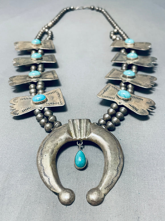 Gorgeous Old Vintage Native American Navajo Turquoise Sterling Silver Squash Blossom Necklace-Nativo Arts
