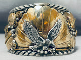 Huge Mens Native American Navajo Signed Sterling Silver Eagle Gold Fill Huge Bracelet-Nativo Arts