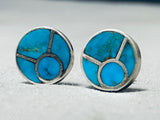 Early And Very Rare Vintage Native American Zuni Turquoise Inlay Sterling Silver Earrings-Nativo Arts