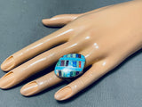 Huge Intricate Native American Turquoise Sterling Silver Inlay Ring-Nativo Arts