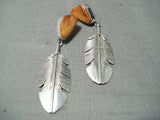 Detailed Native American Navajo Sterling Silver Feather Spiny Oyster Earrings-Nativo Arts