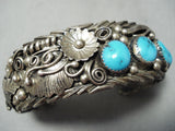 Incredible Detail Vintage Native American Navajo Blue Gem Turquoise Sterling Silver Bracelet-Nativo Arts