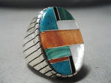 Huge Men's Native American Navajo Inlay Turquoise Coral Jet Sterling Silver Ring-Nativo Arts