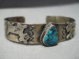 Rare Dancing Animal Vintage Native American Navajo Rare Turquoise Sterling Silver Bracelet Old-Nativo Arts