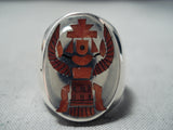 Heavy Intricate Detailed Native American Zuni Coral Sterling Silver Inlay Ring-Nativo Arts