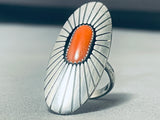 Exquisite Native American Navajo Coral Sterling Silver Ring Signed Thomas Nez-Nativo Arts