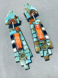 Native American Phenomenal Santo Domingo Turquoise Coral Spiny Inlay Sterling Silver Earrings-Nativo Arts