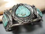 Intense Vintage Native American Navajo Carico Lake Turquoise Sterling Silver Leaf Bracelet-Nativo Arts