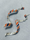 Native American Unique Shawn Sheyka Zuni Coral Jet Sterling Silver Earrings-Nativo Arts