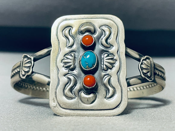 Extra Detailed Vintage Native American Navajo Turquoise Coral Sterling Silver Bracelet-Nativo Arts