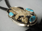 Detailed Vintage Native American Navajo Heavier Turquoise Sterling Silver Eagle Bolo Tie-Nativo Arts