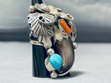 Powerful Huge Native American Navajo Turquoise Coral Sterling Silver Mens Ring-Nativo Arts