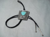 Impressive Vintage Native American Navajo Pilot Mountain Turquoise Sterling Silver Bolo Tie Old-Nativo Arts