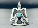 Important Vintage Native American Navajo Old Kingman Turquoise Sterling Silver Waterbird Ring-Nativo Arts