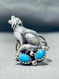 Unique Native American Navajo 2 Kingman Turquoise Sterling Silver Howling Coyote Huge Ring-Nativo Arts