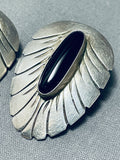 Exceptional Vintage Native American Navajo Jet Sterling Silver Earrings Signed-Nativo Arts