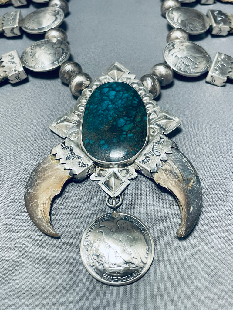 Native American 368 Gram Bear San Felipe Turquoise Sterling Silver Squash  Blossom Necklace