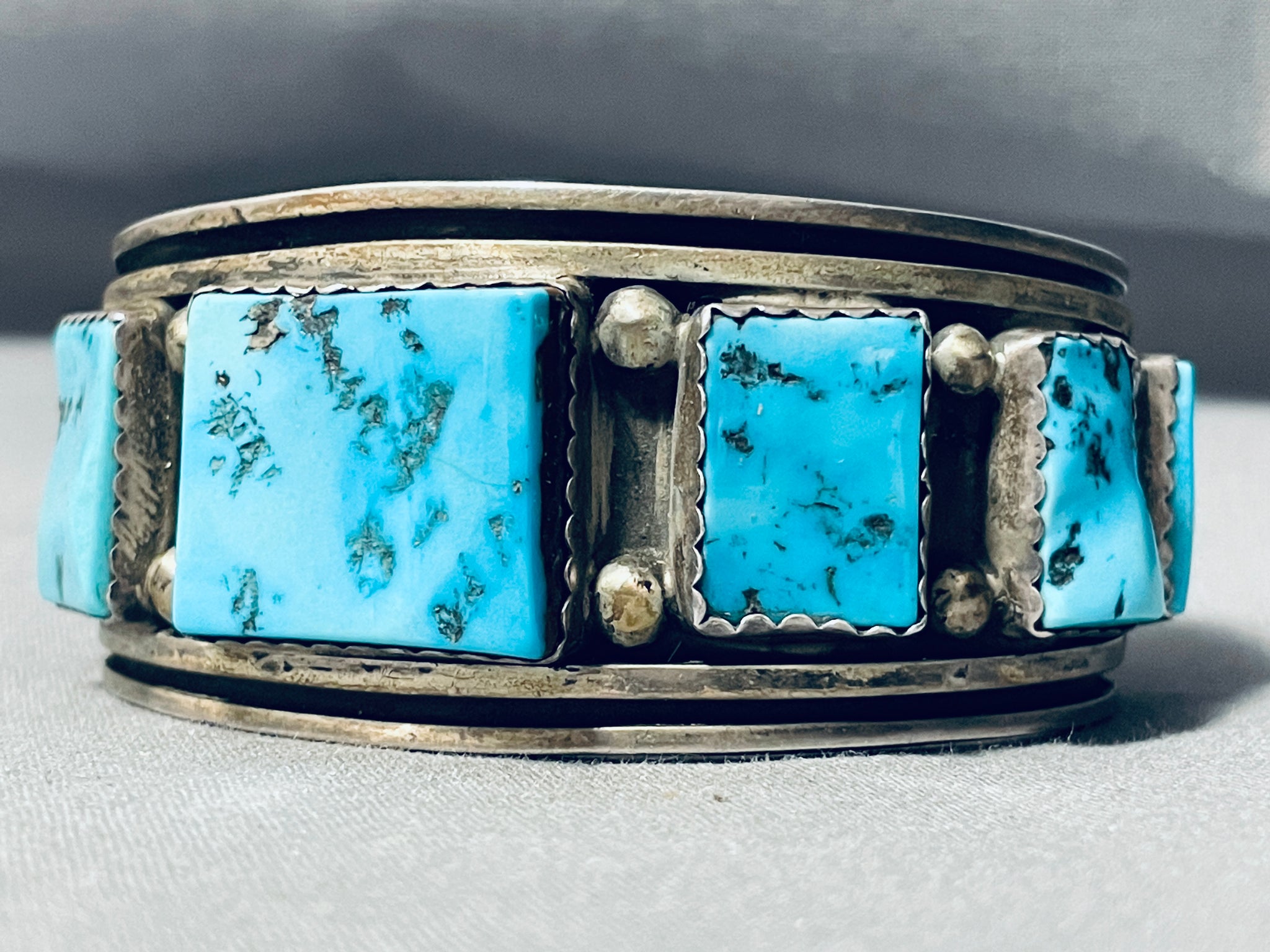 Opulent Vintage Native American Navajo Squared Turquoise Sterling