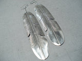 Very Long Navajo Native American Sterling Silver Feather Earrings-Nativo Arts