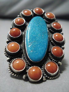 Marvelous Vintage Navajo Turquoise Coral Sterling Silver Native American Ring-Nativo Arts