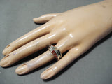 Dazzling Navajo Native American Coral Inlay Sterling Silver Ring-Nativo Arts