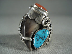 22 Gram Huge Navajo Coral And Turquoise Sterling Native American Jewelry Silver Ring-Nativo Arts
