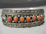 Museum Vintage Native American Navajo Domed Coral Sterling Silver Leaf Bracelet-Nativo Arts