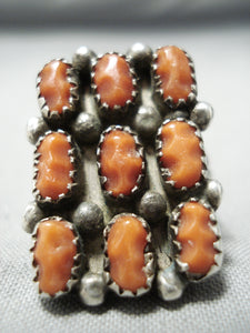 Intricate Huge Vintage Native American Navajo Carved Coral Sterling Silver Ring Old-Nativo Arts