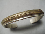 Thick Heavy Vintage Native American Navajo Mark Yazzie Feather Sterling Silver Gold Bracelet-Nativo Arts