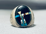 Detailed Night Vintage Native American Navajo Heavy Sterling Silver Opal Ring-Nativo Arts