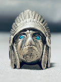 Heavy Mens Chief Head Vintage Native American Navajo Turquoise Sterling Silver Ring-Nativo Arts