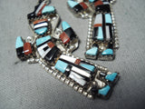 Dazzling Vintage Native American Zuni Inlay Turquoise Coral Rainbow Man Sterling Silver Earrings-Nativo Arts