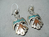 Unique Vintage Native American Navajo Turquoise Chip Inlay Sterling Silver Birds Earrings Old-Nativo Arts
