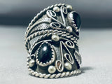 Dynamic Adjustable Vintage Native American Navajo Jet Sterling Silver Ring Signed-Nativo Arts