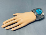 Museum Vintage Native American Navajo Big Turquoise Sterling Silver Leaf Flower Bracelet-Nativo Arts