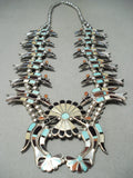 Authentic Vintage Native American Zuni Turquoise Inlay Sterling Silver Squash Blossom Necklace-Nativo Arts